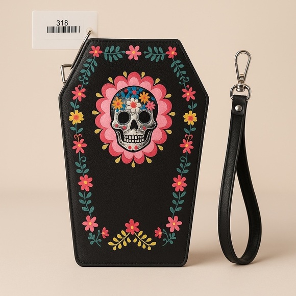 Coffin-Shaped Wristlet Wallet with Floral Skull Design - Picture 1 of 6